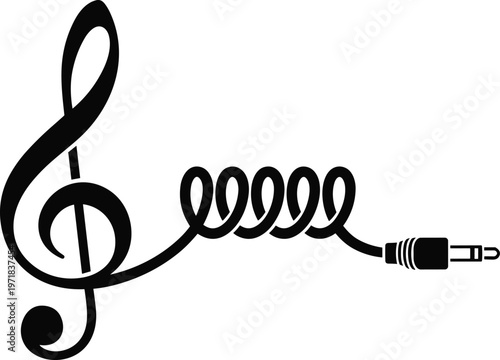 Creative black treble clef silhouette connected to a coiled audio jack cable isolated on white background for music production and sound technology vector design.