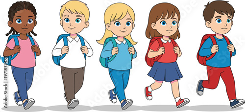 Cute diverse school children walking with backpacks, happy elementary kids going to school, cartoon vector illustration isolated on white background