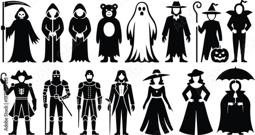 Black and white silhouette set of Halloween characters including grim reaper, ghost, knight, samurai, and cloaked figures spooky vector illustration