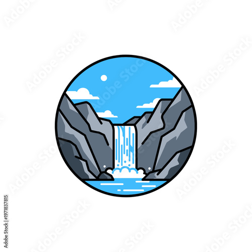 A scenic waterfall cascades down rocky cliffs into a clear pool