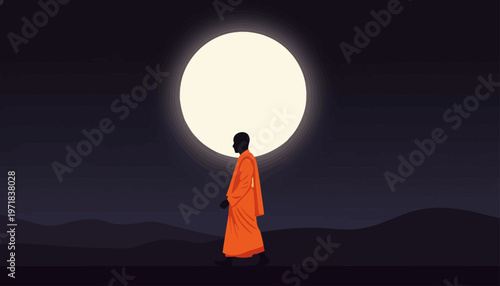 A solitary monk walks under a large full moon on Vesak, the Day of the Full Moon, symbolizing peace and enlightenment