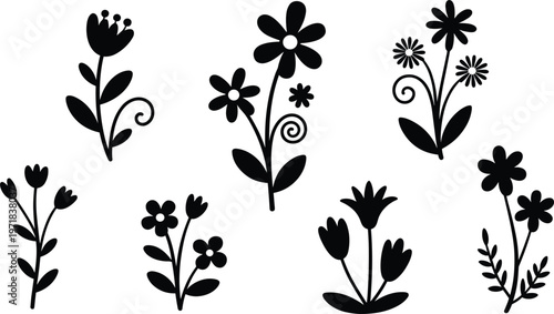 Black silhouette floral elements with swirling stems and leaves Keywords: floral, flowers, silhouette, black, white, stems