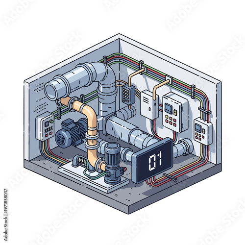 Industrial mechanical system with pipes, pumps and electrical controls