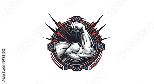 A vector illustration showcases a muscular arm with prominent biceps, set against a decorative emblem featuring red and blue accents, and lightning bolts emanating from the center, all
