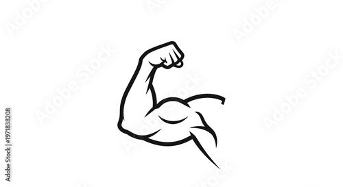 A stylized vector illustration of a muscular arm flexing its biceps against a clean white background, rendered in a minimalist black and white design that emphasizes strength and fitness