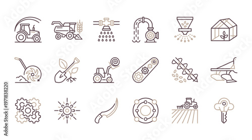 Farming science icons in a minimalist style viewed from above