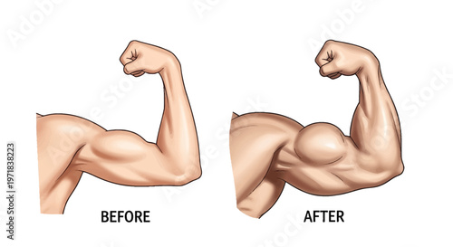 Illustration of a before-and-after comparison showing the arm and biceps of people with muscle growth isolated against a white background in a close-up view illustrating exercise