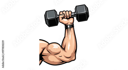 Close-up illustration of a muscular arm flexing its biceps while holding a dumbbell against a clean white background, showcasing strength and fitness through a cartoon style with detailed