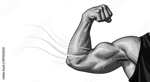 Close-up illustration of a muscular arm flexing its biceps against a plain white background, depicted in a grayscale color palette with dynamic motion lines to show the movement and power
