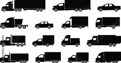 Black Silhouettes Of Various Trucks And Cars On White Background lorry pickup