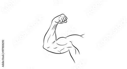 Line art illustration of a strong arm flexing its biceps against a clean white background, showcasing detailed muscle definition with a simple, graphic style that conveys strength