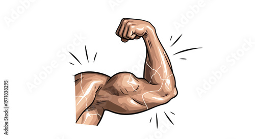 Illustrated with dynamic lighting and against a clean white background, a muscular arm flexes to display its toned biceps, emphasizing strength and health in a vibrant, cartoon style