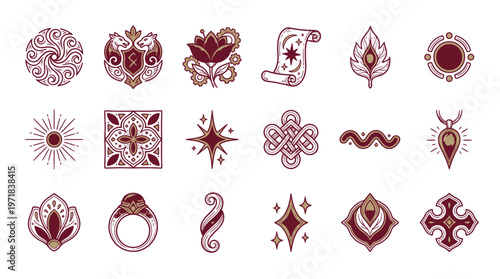 Ornate symbols collection in rows with gold accents