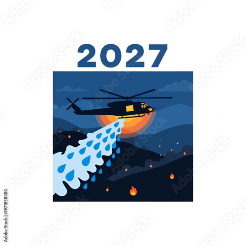 Helicopter drops water on a forest fire at dusk