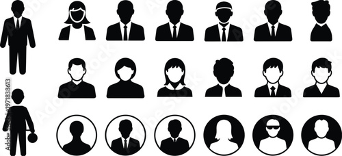 Diverse collection of black silhouette icons representing people and business professionals Keywords: people, silhouette, icon
