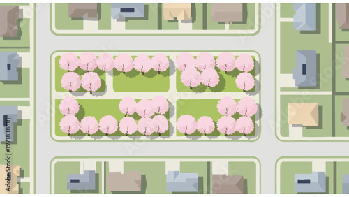 Aerial View Neighborhood Map with Spring Cherry Blossom Trees, Real Estate Development