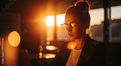 Focused professional woman wearing glasses working late in office during golden hour sunset with warm backlight and dramatic lens flare lighting