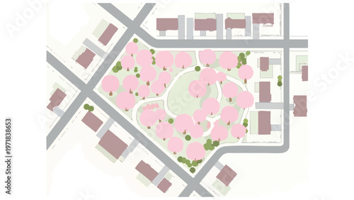 Urban Planning Map: Residential Neighborhood Layout with Green Space and Buildings
