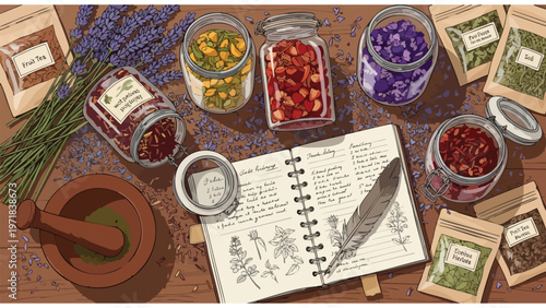 Herbalist's Apothecary: Dried Herbs, Jars, Spices, Recipes & Mortar for Natural Remedies