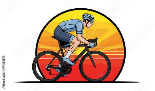 Cyclist on bicycle silhouette against sunset vector illustration