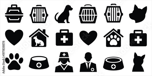 Pet Care Icons Dog Cat Heart Medical Transport Bowl Vet vector illustration