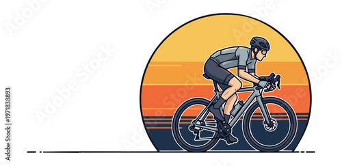 Cyclist riding bicycle against a sunset background vector illustration