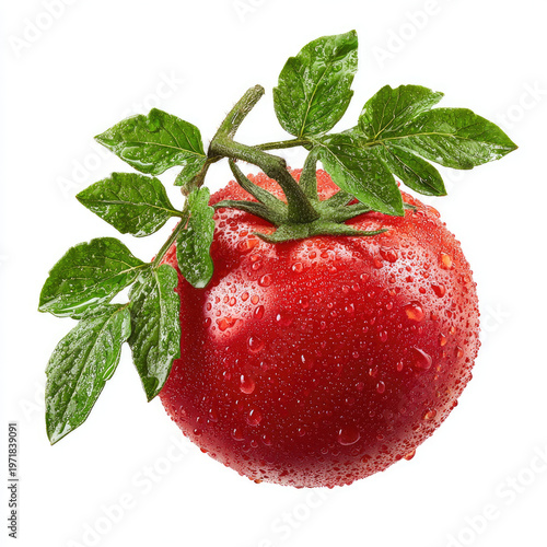 Fresh red tomato with water drops and green leaves