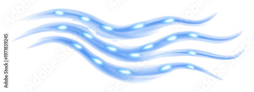 白い背景に孤立した、光り輝くエネルギーの粒子が流れるような青い抽象的な波の曲線デザイン。データ通信のストリーム、爽やかな風の動き、または清らかな水の流れを表現したモダンなデジタルグラフィック素材。
