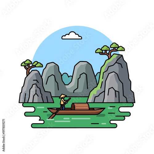 Person rows a boat through a scenic landscape with karst mountains