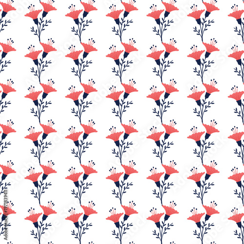 Seamless Floral Pattern With Coral Flowers And Navy Stems – Repeat Botanical Background
