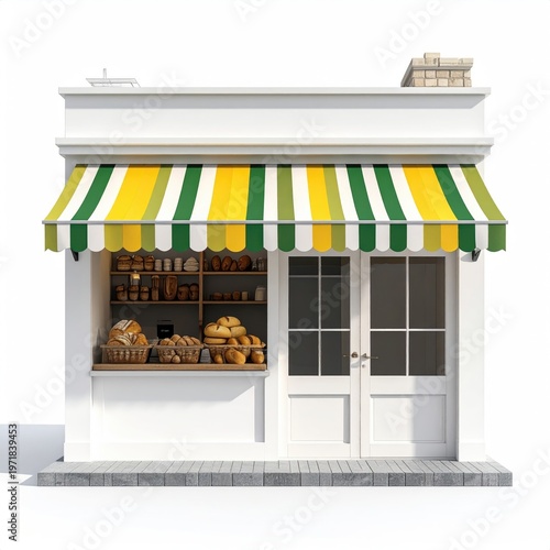 Charming bakery shop facade with striped awning offering fresh bread and pastries in a cozy inviting setting during daytime