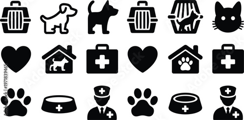 Veterinary and pet care icons in black silhouette on white background Keywords: pet carrier, dog, puppy, cat, kitten, kennel