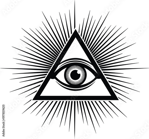 All Seeing Eye Pyramid Symbol Vector Illustration with Radiating Rays Sacred Illuminati Triangle Vision Icon for Spiritual Logo Tattoo Emblem Graphic Design Collection