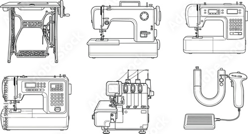 Sewing machine collection with vintage and modern equipment overlock and handheld steamer detailed tailoring tools vector line illustration set