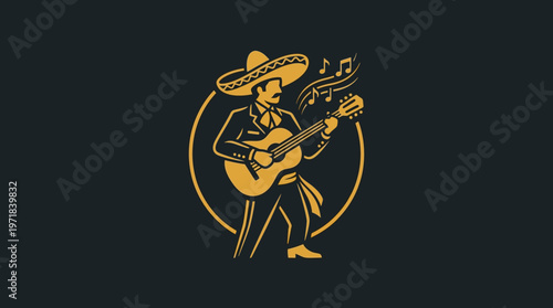 Mexican Mariachi Playing Guitar on Dark Background