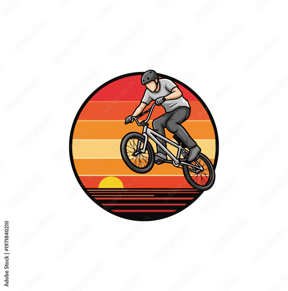 Fototapeta premium Bmx rider performing stunt against sunset background illustration