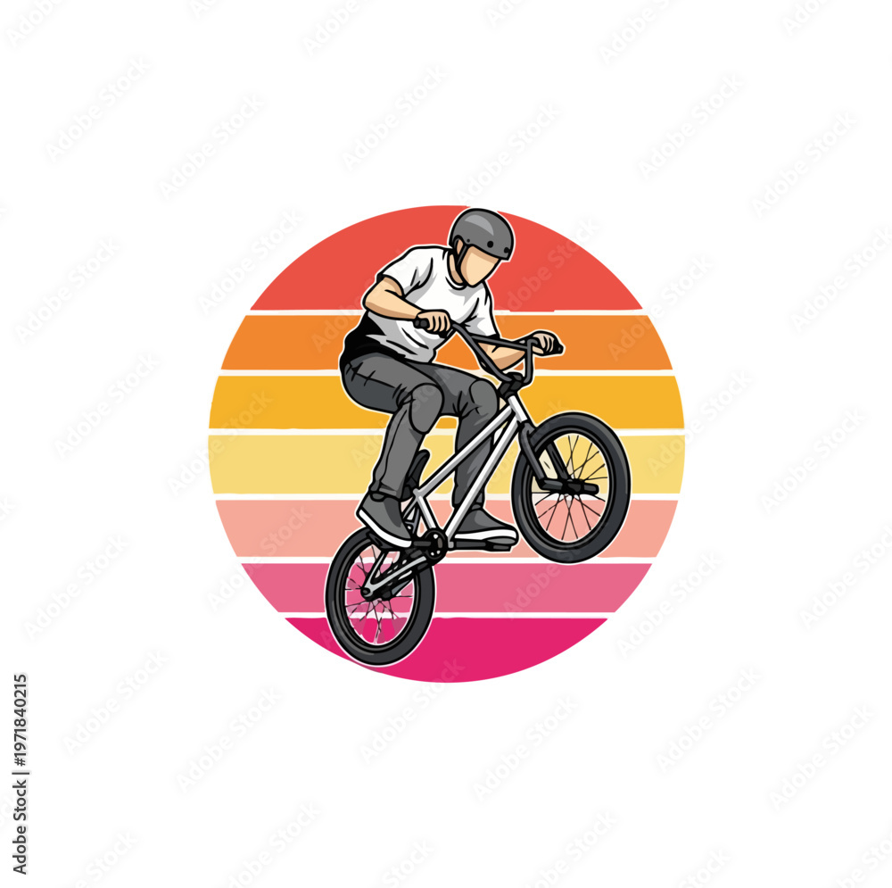 Fototapeta premium Bmx rider performing stunt against sunset background