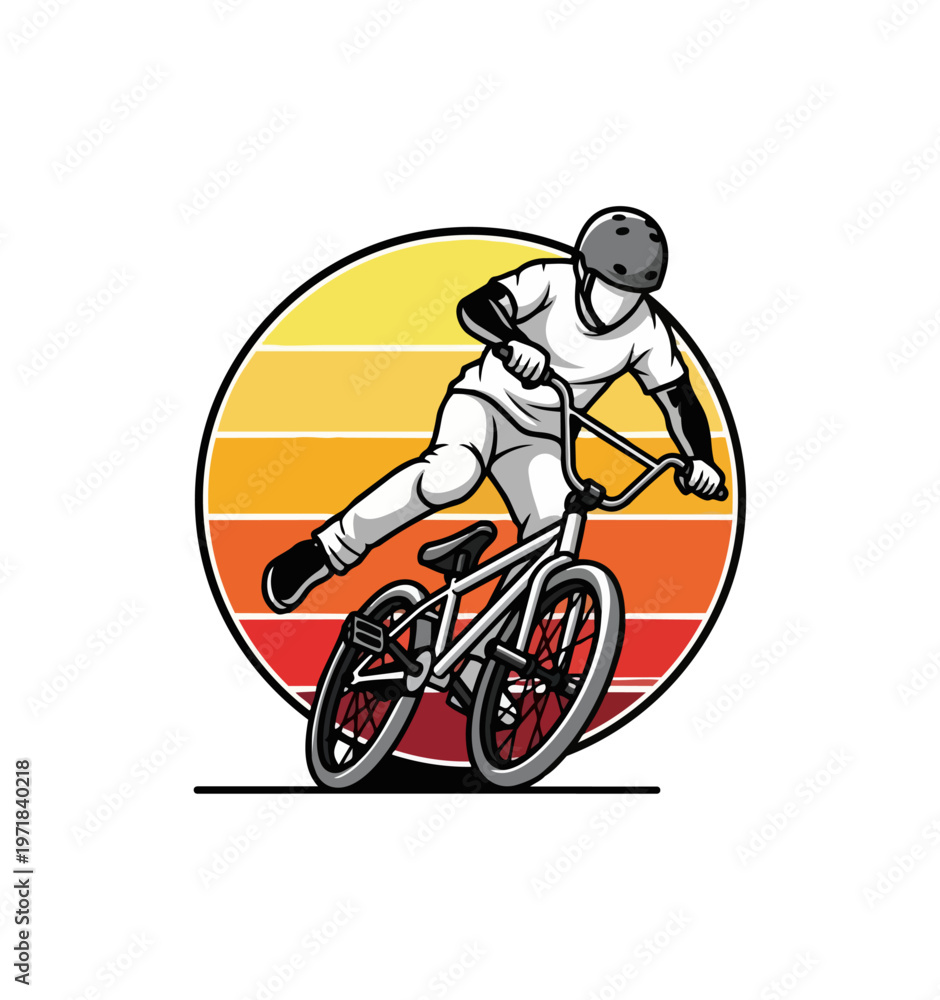 Fototapeta premium Bmx rider performing stunt against sunset background