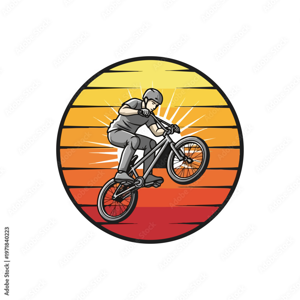 Fototapeta premium Bmx rider performing stunt against sunset illustration