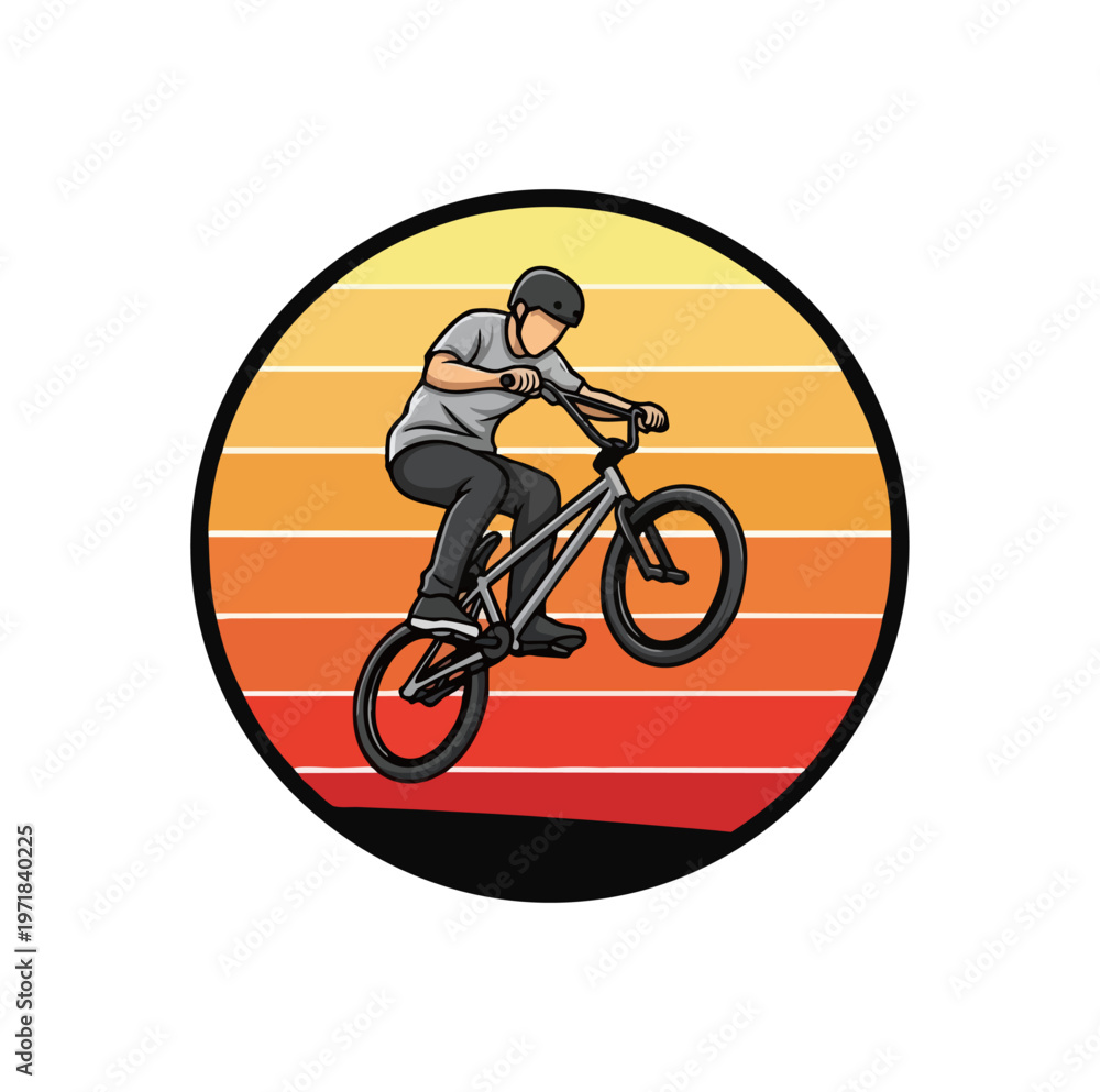 Fototapeta premium Bmx rider performing stunt against sunset background