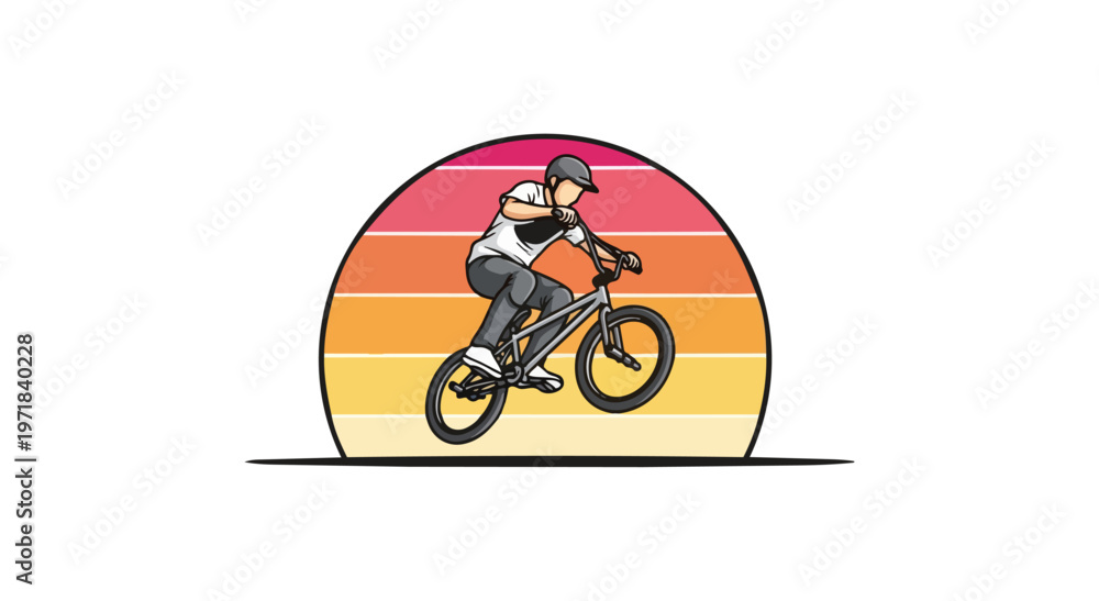 Fototapeta premium Bmx rider performing stunt silhouette against sunset