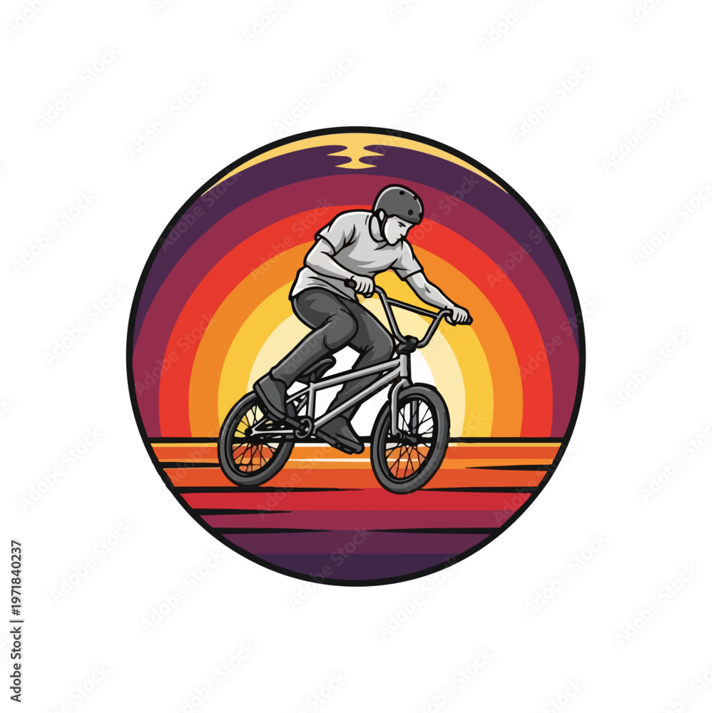 Fototapeta premium Bmx rider silhouette against sunset circle design
