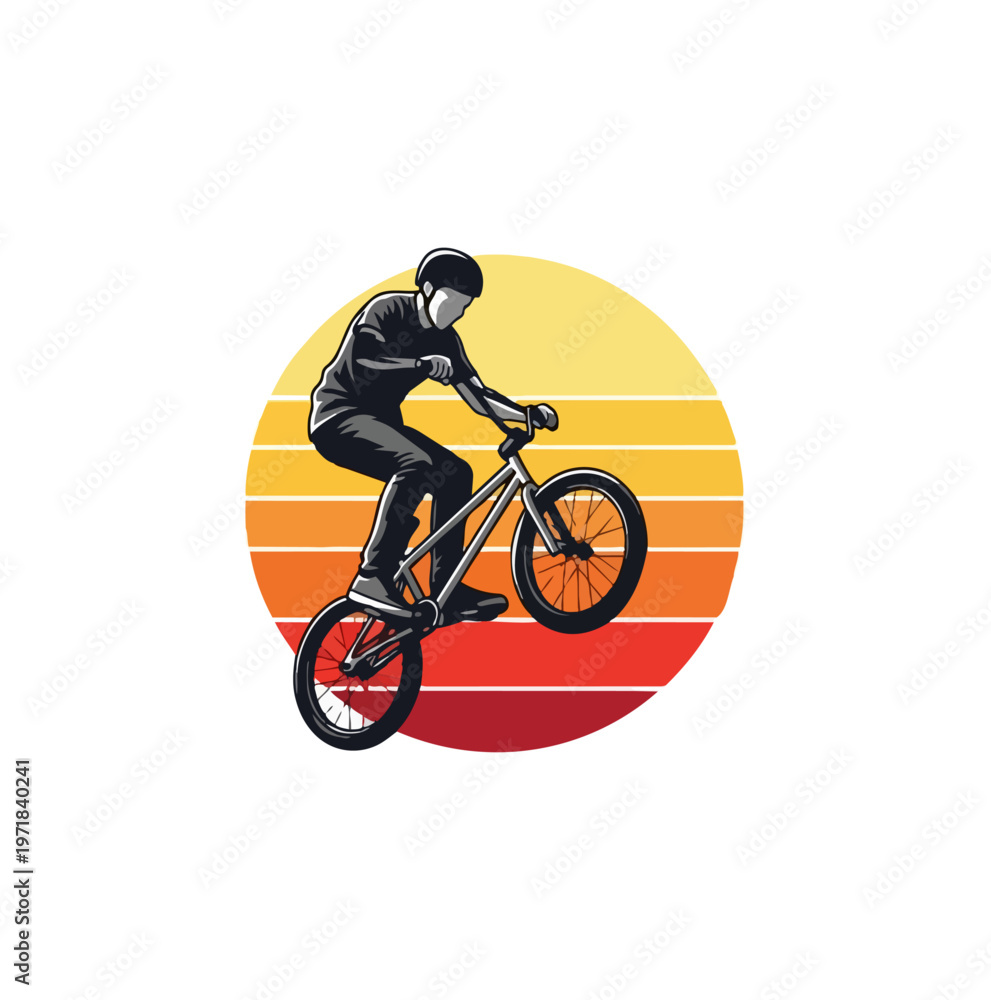 Fototapeta premium Bmx rider silhouette performing stunt against sunset background