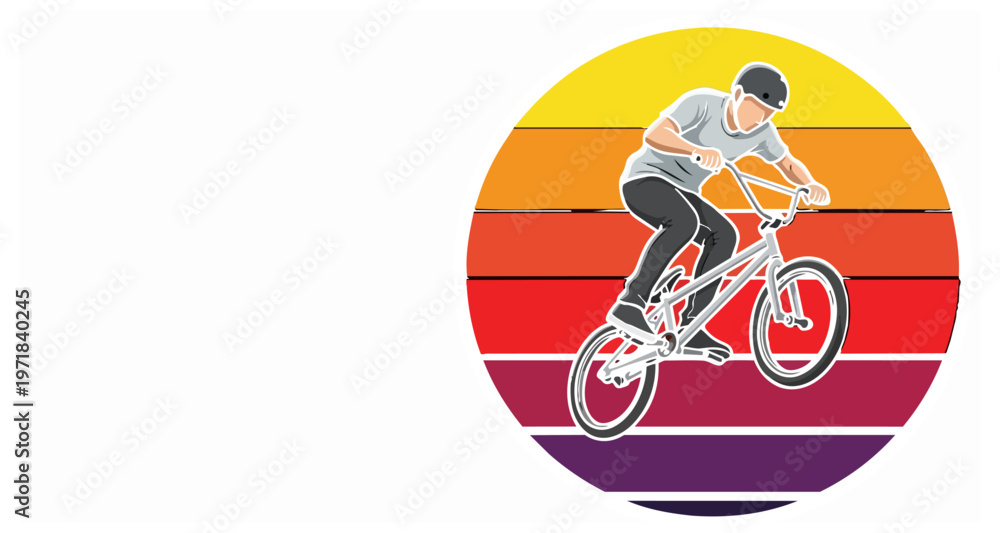 Fototapeta premium Bmx rider performing stunt silhouette against sunset illustration