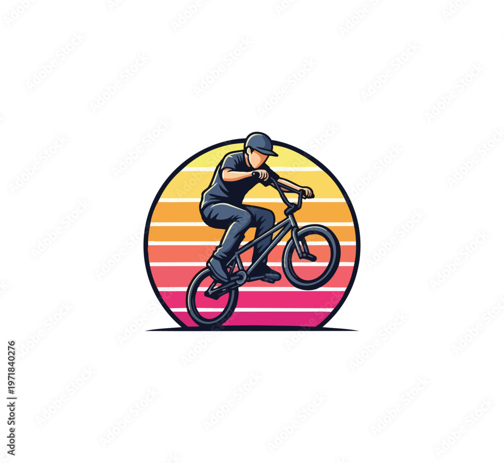 Fototapeta premium Bmx rider silhouette performing wheelie against sunset circle