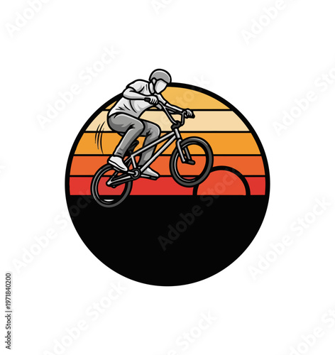 Bicyclist performing stunt silhouette against sunset illustration