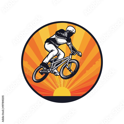 Bicyclist silhouette performing stunt against sunlight emblem illustration