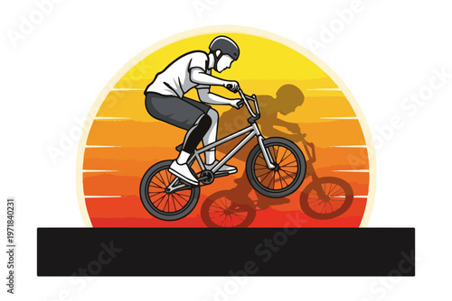 Bmx rider performing stunt silhouette against sunset