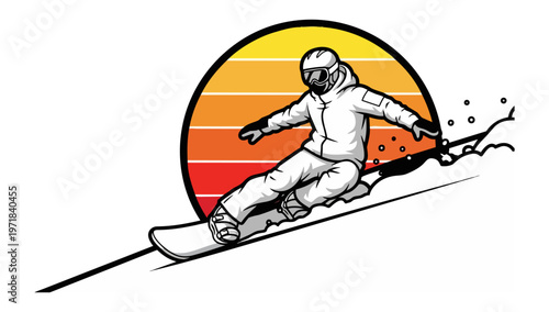 Snowboarder sliding down slope against sunset background