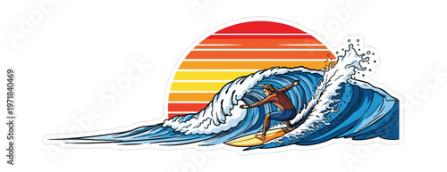 Surfer riding wave at sunset illustration